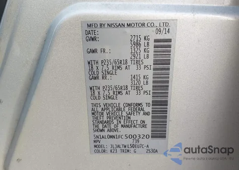 2015 Infiniti Qx60 из США, поврежденный, VIN 5N1AL0MN1FC500320